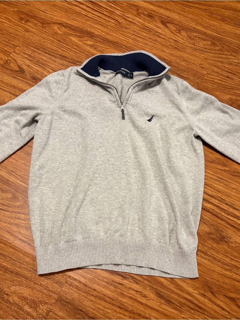 Nautica Men's Gray Zip-Neck Sweater with Navy Trim Size Medium